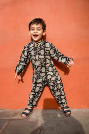 Floral Handblock Kaju Black Cotton Kurta Pant Set 2