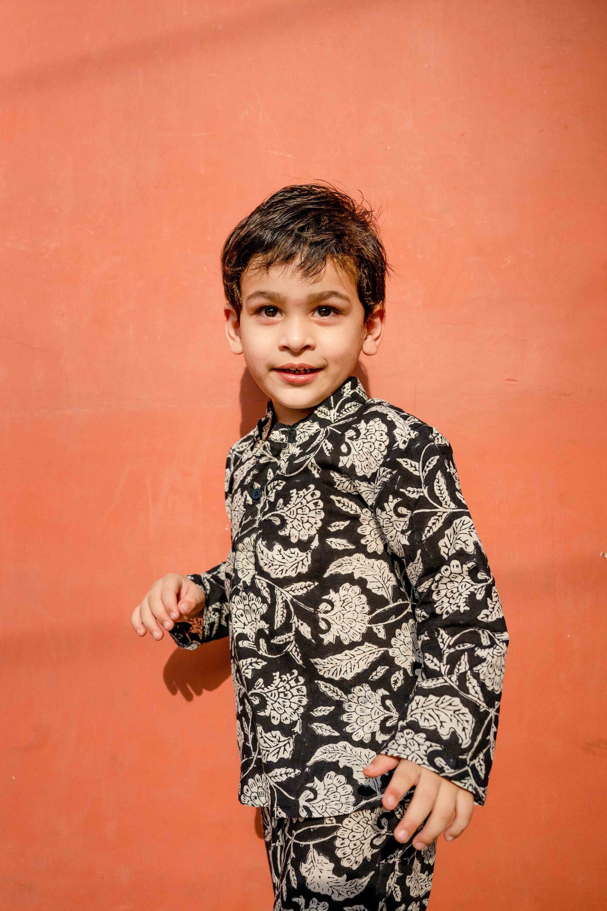 Floral Handblock Kaju Black Cotton Kurta Pant Set