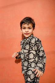 Floral Handblock Kaju Black Cotton Kurta Pant Set 1