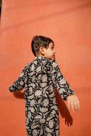 Floral Handblock Kaju Black Cotton Kurta Pant Set 3
