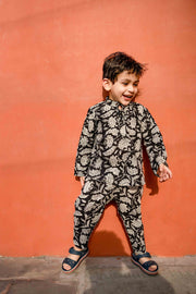 Floral Handblock Kaju Black Cotton Kurta Pant Set 6