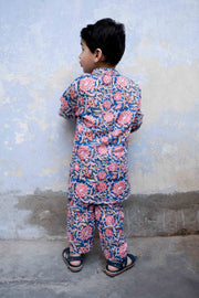 Floral Handblock Kaju Blue Cotton Kurta Pant Set 2