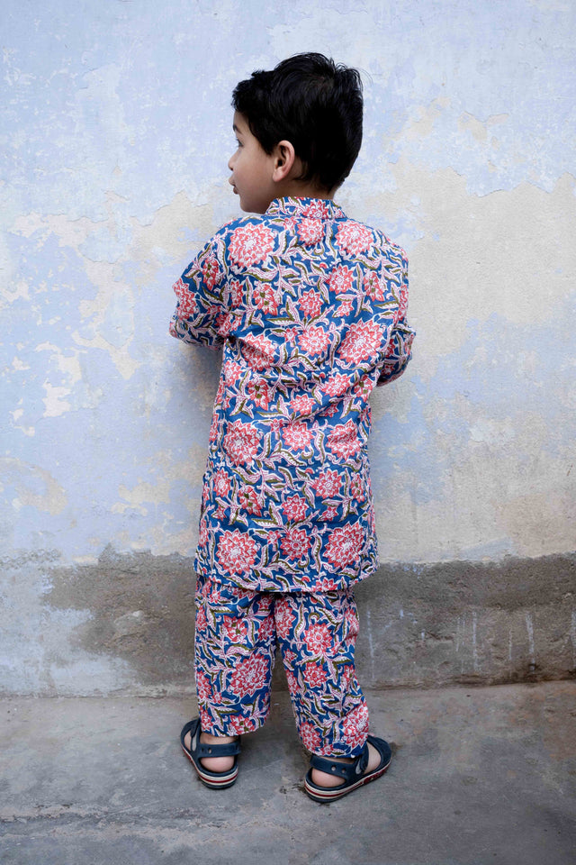 Floral Handblock Kaju Blue Cotton Kurta Pant Set