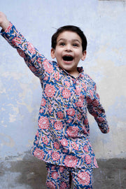 Floral Handblock Kaju Blue Cotton Kurta Pant Set 8