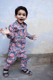 Floral Handblock Kaju Blue Cotton Kurta Pant Set 4