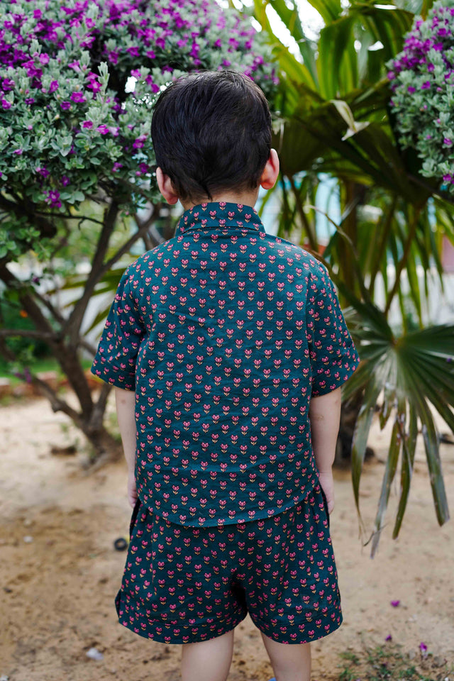 Floral Handblock Kaju Green Cotton Kurta Pant Set