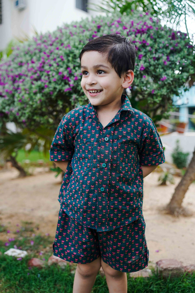 Floral Handblock Kaju Green Cotton Kurta Pant Set