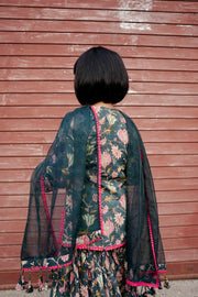 Khubani Green Block Print Cotton Kurta Sharara Set With Organza Dupatta 4