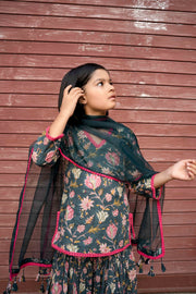 Khubani Green Block Print Cotton Kurta Sharara Set With Organza Dupatta 2