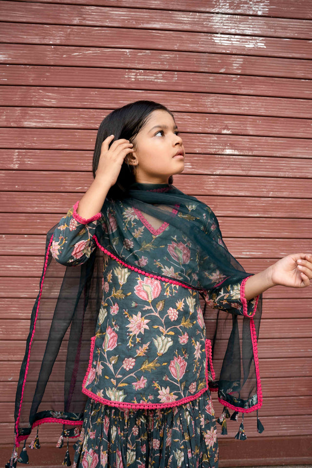 Khubani Green Block Print Cotton Kurta Sharara Set With Organza Dupatta