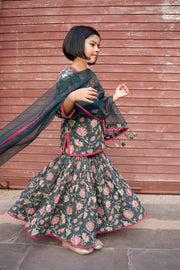 Khubani Green Block Print Cotton Kurta Sharara Set With Organza Dupatta 8