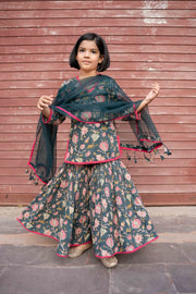 Khubani Green Block Print Cotton Kurta Sharara Set With Organza Dupatta 7
