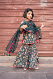 Khubani Green Block Print Cotton Kurta Sharara Set With Organza Dupatta 6