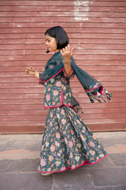 Khubani Green Block Print Cotton Kurta Sharara Set With Organza Dupatta 5