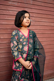 Khubani Green Block Print Cotton Kurta Sharara Set With Organza Dupatta 3