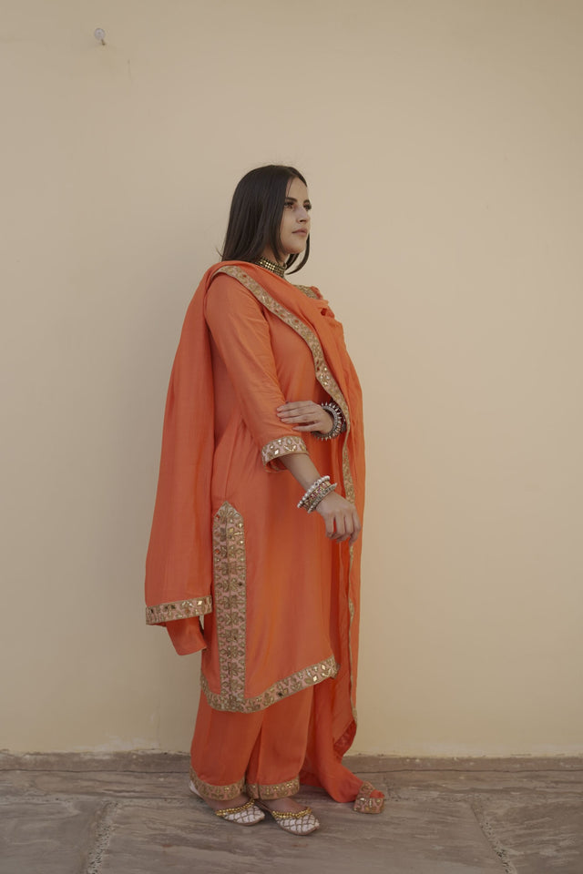 Kalista Orange Mirror Lace Muslin Straight Kurta Set With Dupatta