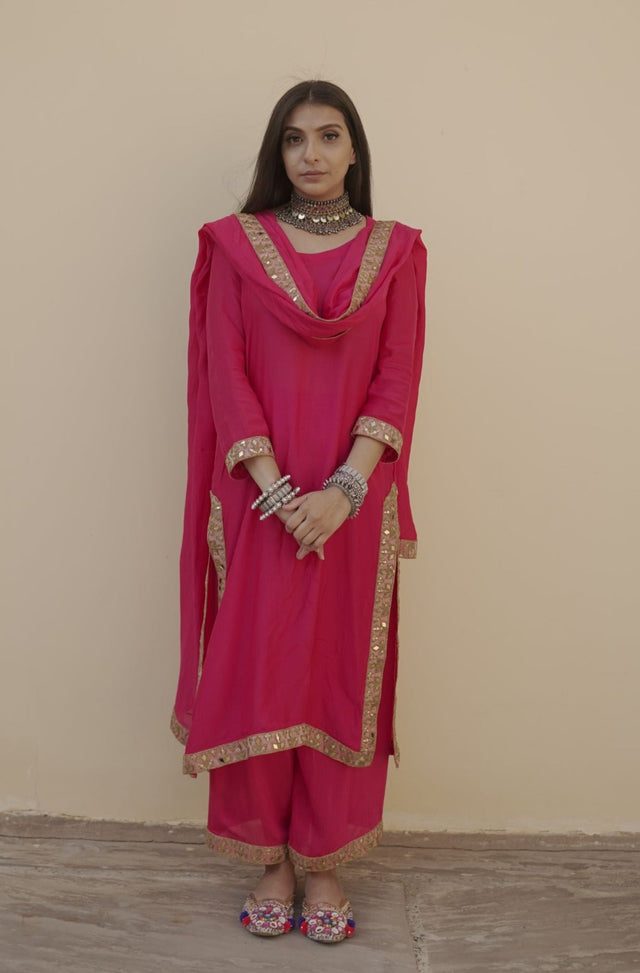 Kalista Pink Mirror Lace Muslin Straight Kurta Set With Dupatta