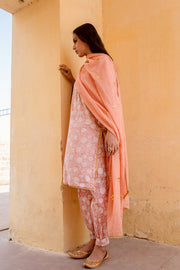 Marigold Peach Cotton Straight Kurta Set With Doriya Dupatta 5