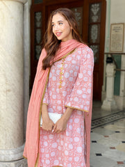 Marigold Peach Cotton Straight Kurta Set With Doriya Dupatta 7