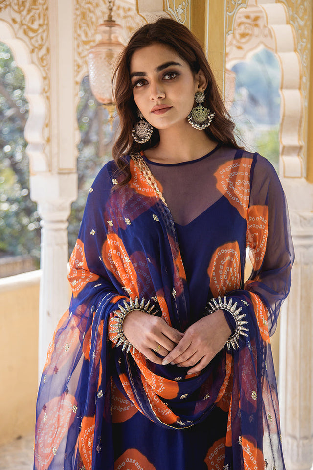 Georgette Bhandej Minal Blue Straight Kurta Set With Dupatta