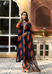Georgette Bhandej Minal Blue Straight Kurta Set With Dupatta 4