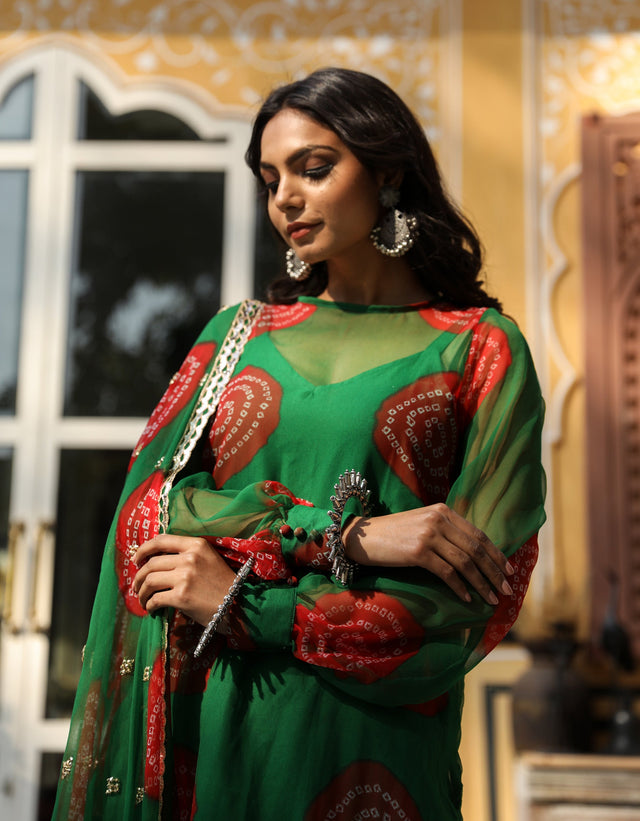 Georgette Bhandej Minal Green Straight Kurta Set With Dupatta