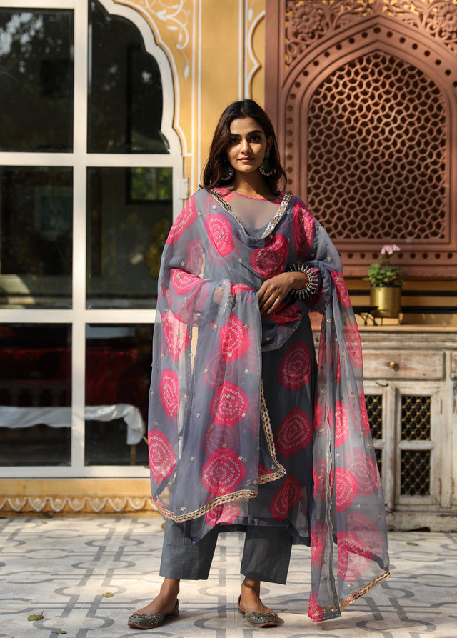 Georgette Bhandej Minal Grey Straight Kurta Set With Dupatta