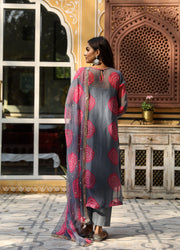 Georgette Bhandej Minal Grey Straight Kurta Set With Dupatta 5