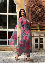 Georgette Bhandej Minal Grey Straight Kurta Set With Dupatta 3