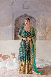 Georgette Mallika Green Gown Set With Organza Dupatta 1