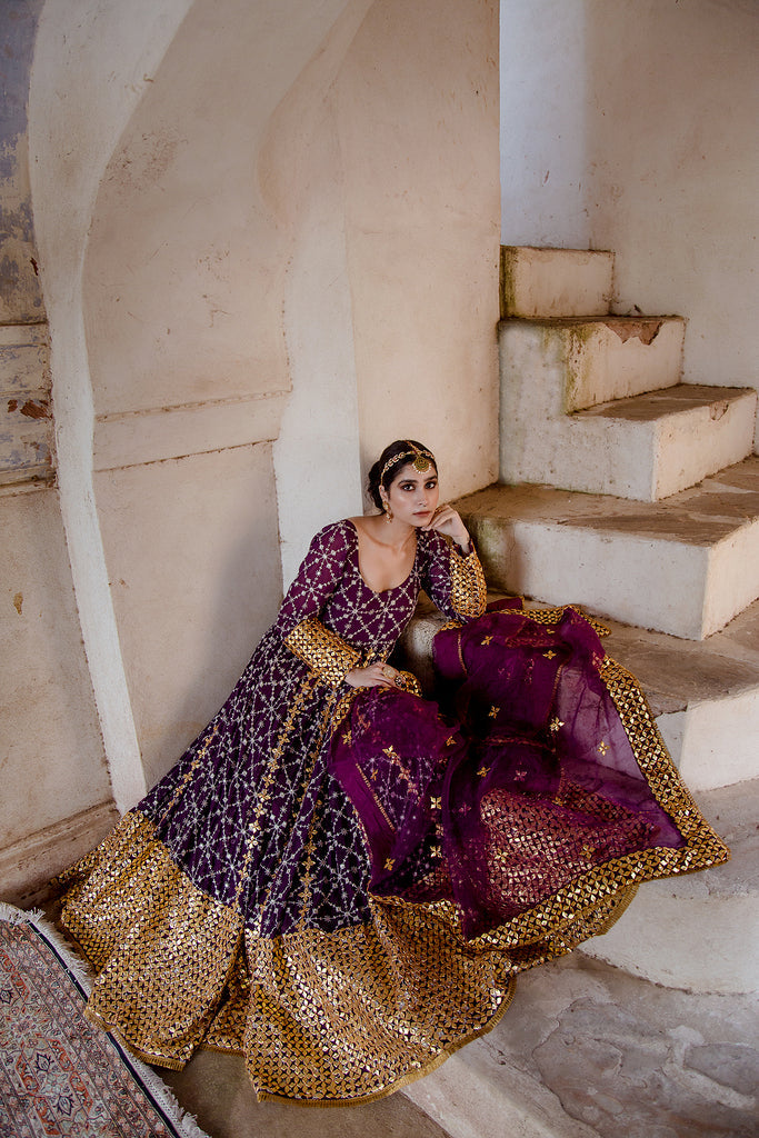 Georgette Mallika Purple Gown Set With Organza Dupatta