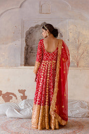 Georgette Mallika Red Gown Set With Organza Dupatta 6