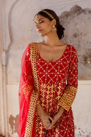 Georgette Mallika Red Gown Set With Organza Dupatta 5