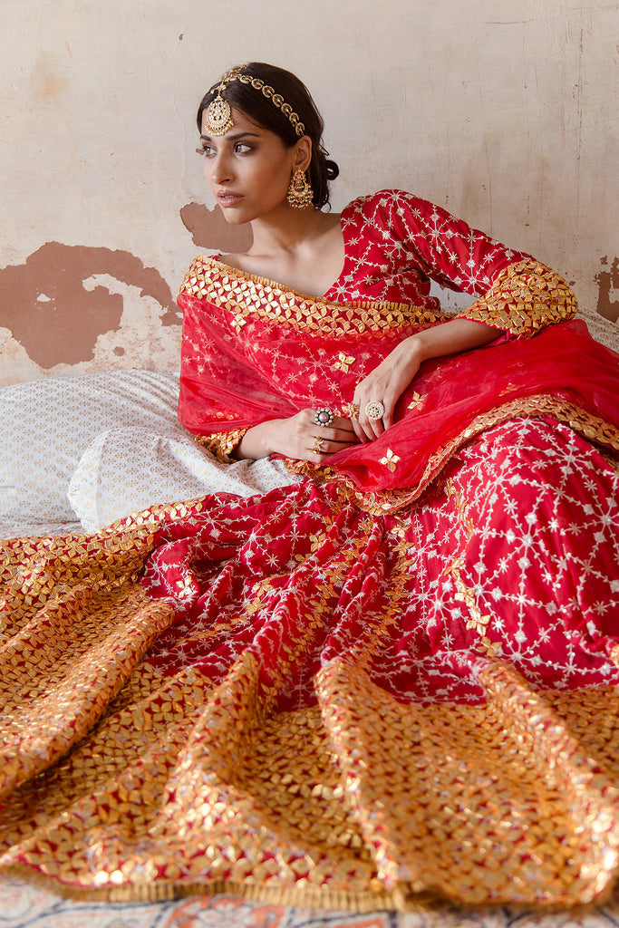 Georgette Mallika Red Gown Set With Organza Dupatta