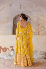 Georgette Mallika Yellow Gown Set With Organza Dupatta 7