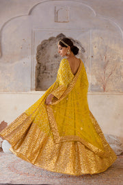 Georgette Mallika Yellow Gown Set With Organza Dupatta 6