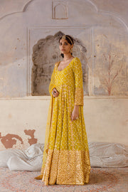 Georgette Mallika Yellow Gown Set With Organza Dupatta 3