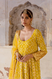 Georgette Mallika Yellow Gown Set With Organza Dupatta 2