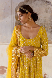 Georgette Mallika Yellow Gown Set With Organza Dupatta 5