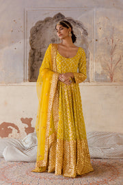 Georgette Mallika Yellow Gown Set With Organza Dupatta 4