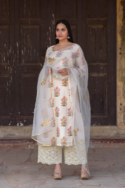 Upada Silk Mehnaaz Creme Kurta Set Chikan Pants With Organza Dupatta 2