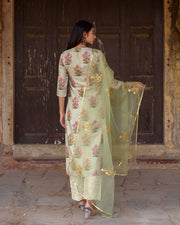 Upada Silk Mehnaaz Pista Kurta Set Chikan Pants With Organza Dupatta 6