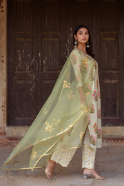 Upada Silk Mehnaaz Pista Kurta Set Chikan Pants With Organza Dupatta 1