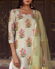 Upada Silk Mehnaaz Pista Kurta Set Chikan Pants With Organza Dupatta 2