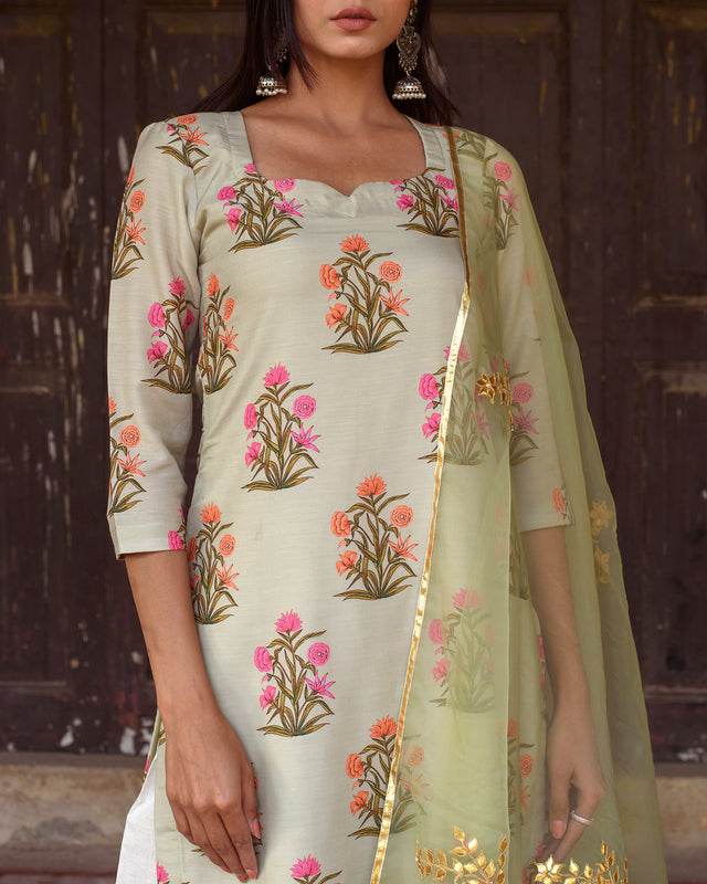 Upada Silk Mehnaaz Pista Kurta Set Chikan Pants With Organza Dupatta