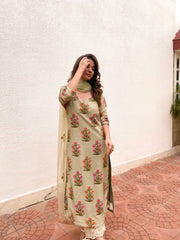 Upada Silk Mehnaaz Pista Kurta Set Chikan Pants With Organza Dupatta 7