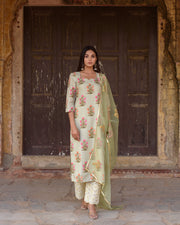 Upada Silk Mehnaaz Pista Kurta Set Chikan Pants With Organza Dupatta 3