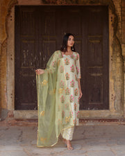 Upada Silk Mehnaaz Pista Kurta Set Chikan Pants With Organza Dupatta 5