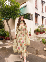 Upada Silk Mehnaaz Pista Kurta Set Chikan Pants With Organza Dupatta 8