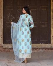Upada Silk Mehnaaz Sky Kurta Set Chikan Pants With Organza Dupatta 5